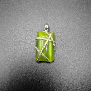 Vintage RMN Green‎ Glass Pendant Rectangle Wire Wrapped Silver Tone Charm